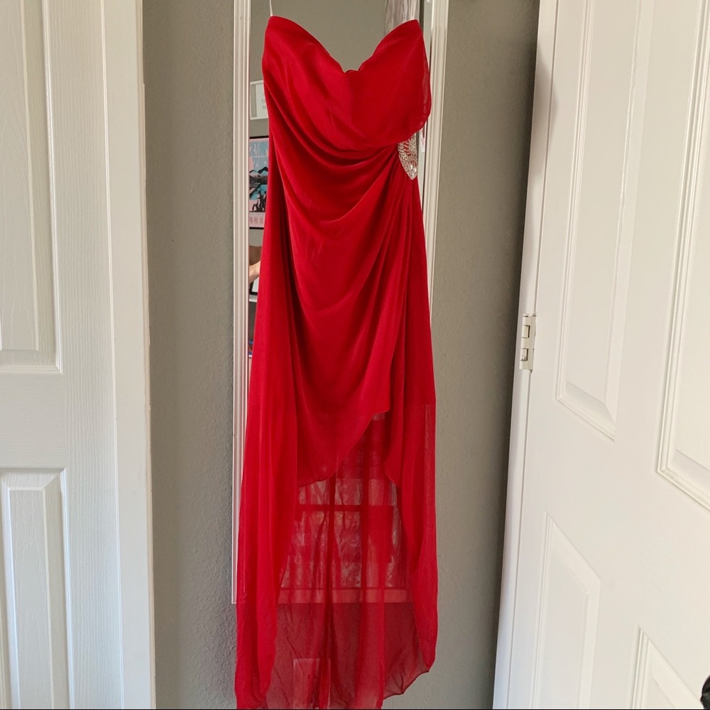 Teeze Me Red Beaded Strapless High Low Gown